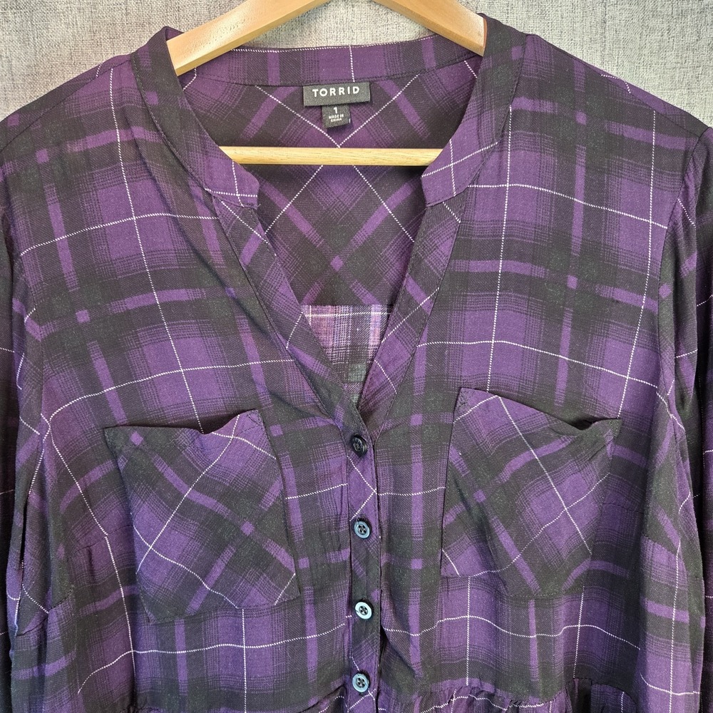 Torrid‎ Plaid Baby Doll V-neck Long Sleeve Boho Tunic Top Purple/Black 1X 90's